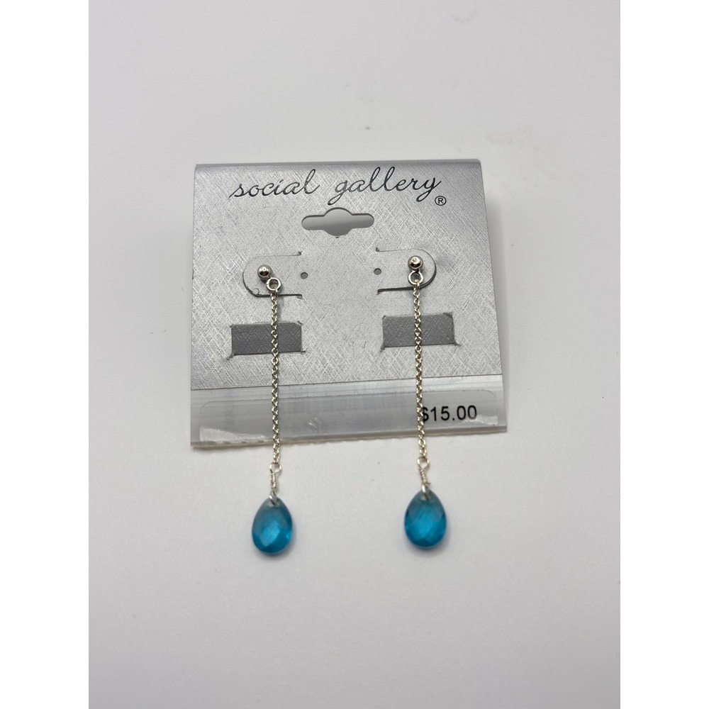 Social‎ Gallery Teal Blue Faceted Teardrop Chain Drop Earrings Silver Tone New